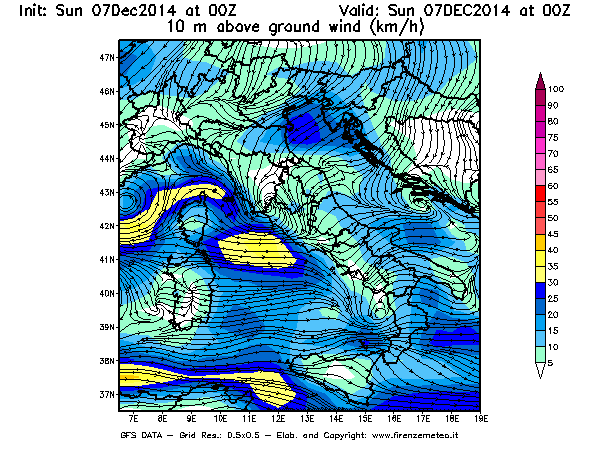 Mappa di analisi GFS - Velocità del vento a 10 metri dal suolo [km/h] in Italia
							del 07/12/2014 00 <!--googleoff: index-->UTC<!--googleon: index-->
