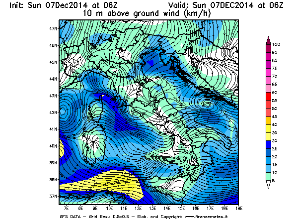 Mappa di analisi GFS - Velocità del vento a 10 metri dal suolo [km/h] in Italia
									del 07/12/2014 06 <!--googleoff: index-->UTC<!--googleon: index-->