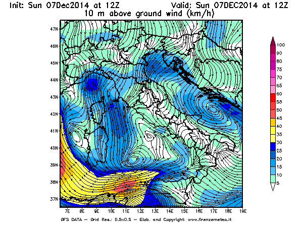 Mappa di analisi GFS - Velocità del vento a 10 metri dal suolo [km/h] in Italia
									del 07/12/2014 12 <!--googleoff: index-->UTC<!--googleon: index-->