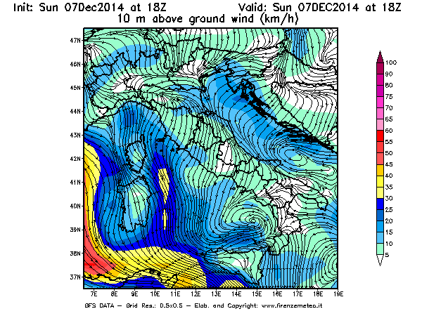 Mappa di analisi GFS - Velocità del vento a 10 metri dal suolo [km/h] in Italia
							del 07/12/2014 18 <!--googleoff: index-->UTC<!--googleon: index-->