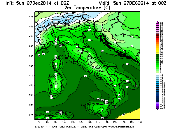 Mappa di analisi GFS - Temperatura a 2 metri dal suolo [°C] in Italia
									del 07/12/2014 00 <!--googleoff: index-->UTC<!--googleon: index-->