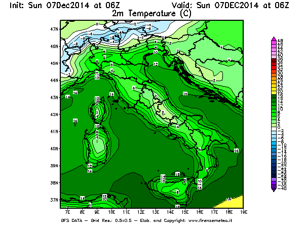 Mappa di analisi GFS - Temperatura a 2 metri dal suolo [°C] in Italia
									del 07/12/2014 06 <!--googleoff: index-->UTC<!--googleon: index-->