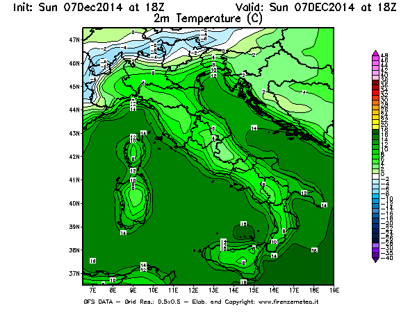 Mappa di analisi GFS - Temperatura a 2 metri dal suolo [°C] in Italia
									del 07/12/2014 18 <!--googleoff: index-->UTC<!--googleon: index-->