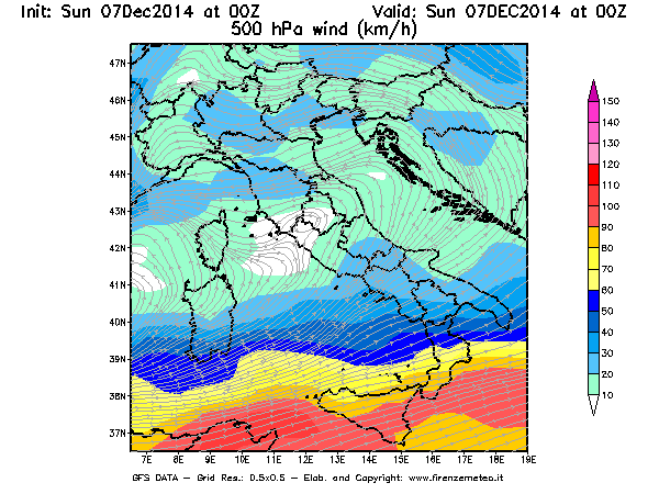 Mappa di analisi GFS - Velocità del vento a 500 hPa [km/h] in Italia
									del 07/12/2014 00 <!--googleoff: index-->UTC<!--googleon: index-->