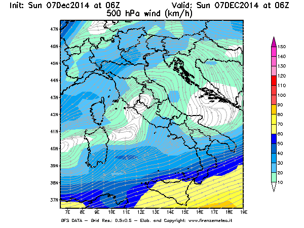 Mappa di analisi GFS - Velocità del vento a 500 hPa [km/h] in Italia
							del 07/12/2014 06 <!--googleoff: index-->UTC<!--googleon: index-->