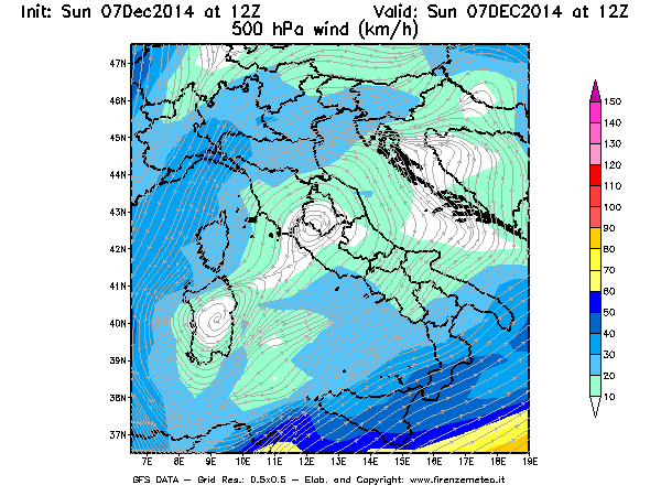 Mappa di analisi GFS - Velocità del vento a 500 hPa [km/h] in Italia
									del 07/12/2014 12 <!--googleoff: index-->UTC<!--googleon: index-->