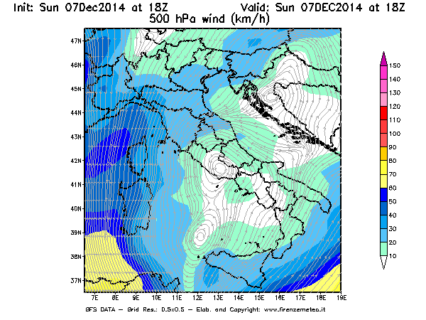 Mappa di analisi GFS - Velocità del vento a 500 hPa [km/h] in Italia
									del 07/12/2014 18 <!--googleoff: index-->UTC<!--googleon: index-->
