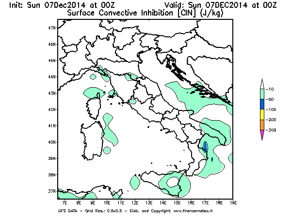 Mappa di analisi GFS - CIN [J/kg] in Italia
									del 07/12/2014 00 <!--googleoff: index-->UTC<!--googleon: index-->