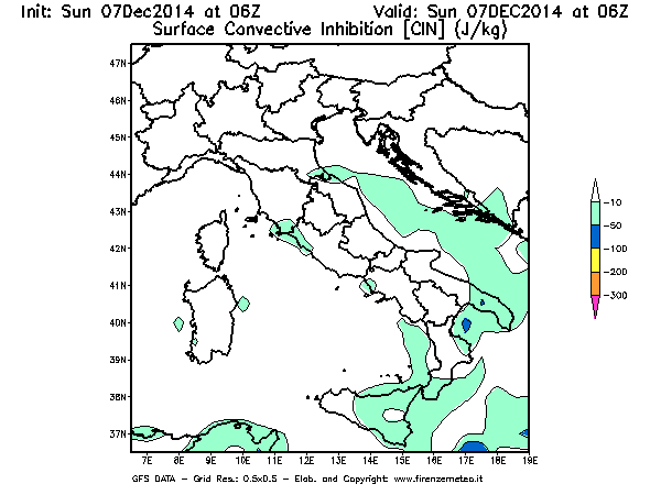 Mappa di analisi GFS - CIN [J/kg] in Italia
							del 07/12/2014 06 <!--googleoff: index-->UTC<!--googleon: index-->