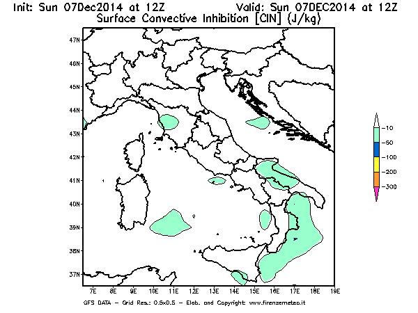 Mappa di analisi GFS - CIN [J/kg] in Italia
									del 07/12/2014 12 <!--googleoff: index-->UTC<!--googleon: index-->