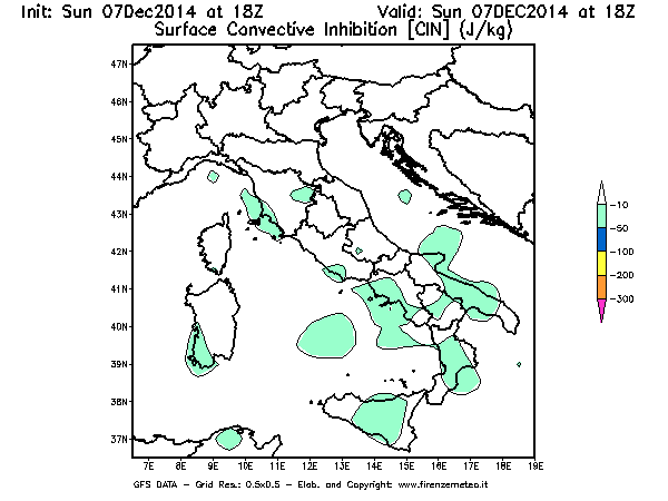 Mappa di analisi GFS - CIN [J/kg] in Italia
									del 07/12/2014 18 <!--googleoff: index-->UTC<!--googleon: index-->