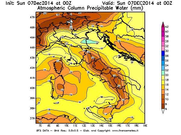Mappa di analisi GFS - Precipitable Water [mm] in Italia
							del 07/12/2014 00 <!--googleoff: index-->UTC<!--googleon: index-->
