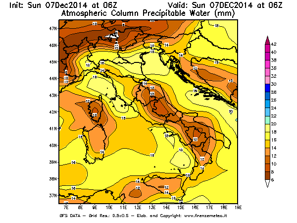 Mappa di analisi GFS - Precipitable Water [mm] in Italia
							del 07/12/2014 06 <!--googleoff: index-->UTC<!--googleon: index-->