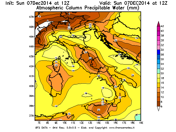 Mappa di analisi GFS - Precipitable Water [mm] in Italia
							del 07/12/2014 12 <!--googleoff: index-->UTC<!--googleon: index-->