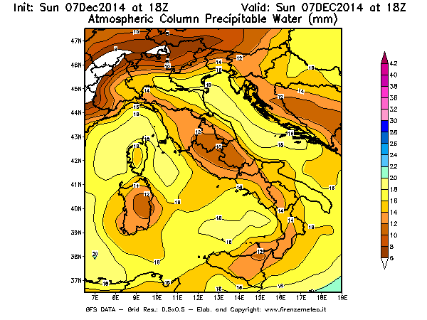 Mappa di analisi GFS - Precipitable Water [mm] in Italia
									del 07/12/2014 18 <!--googleoff: index-->UTC<!--googleon: index-->
