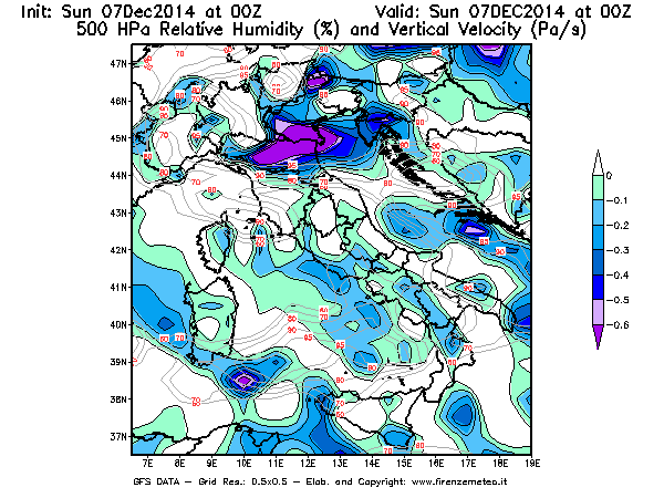 Mappa di analisi GFS - Umidità relativa [%] e Omega [Pa/s] a 500 hPa in Italia
									del 07/12/2014 00 <!--googleoff: index-->UTC<!--googleon: index-->