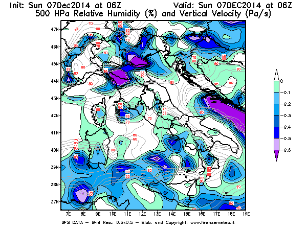 Mappa di analisi GFS - Umidità relativa [%] e Omega [Pa/s] a 500 hPa in Italia
							del 07/12/2014 06 <!--googleoff: index-->UTC<!--googleon: index-->