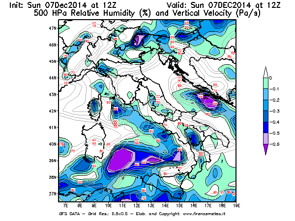 Mappa di analisi GFS - Umidità relativa [%] e Omega [Pa/s] a 500 hPa in Italia
									del 07/12/2014 12 <!--googleoff: index-->UTC<!--googleon: index-->