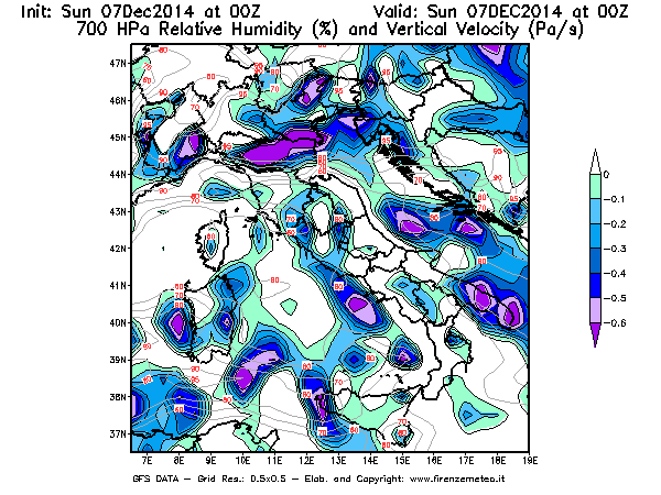 Mappa di analisi GFS - Umidità relativa [%] e Omega [Pa/s] a 700 hPa in Italia
									del 07/12/2014 00 <!--googleoff: index-->UTC<!--googleon: index-->