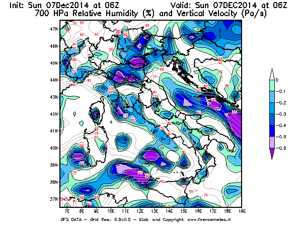 Mappa di analisi GFS - Umidità relativa [%] e Omega [Pa/s] a 700 hPa in Italia
							del 07/12/2014 06 <!--googleoff: index-->UTC<!--googleon: index-->