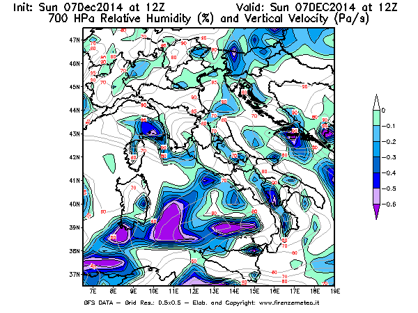 Mappa di analisi GFS - Umidità relativa [%] e Omega [Pa/s] a 700 hPa in Italia
									del 07/12/2014 12 <!--googleoff: index-->UTC<!--googleon: index-->