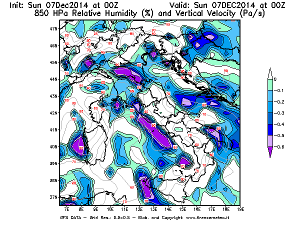 Mappa di analisi GFS - Umidità relativa [%] e Omega [Pa/s] a 850 hPa in Italia
							del 07/12/2014 00 <!--googleoff: index-->UTC<!--googleon: index-->