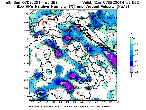 Mappa di analisi GFS - Umidità relativa [%] e Omega [Pa/s] a 850 hPa in Italia
									del 07/12/2014 06 <!--googleoff: index-->UTC<!--googleon: index-->