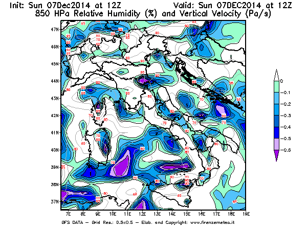 Mappa di analisi GFS - Umidità relativa [%] e Omega [Pa/s] a 850 hPa in Italia
							del 07/12/2014 12 <!--googleoff: index-->UTC<!--googleon: index-->