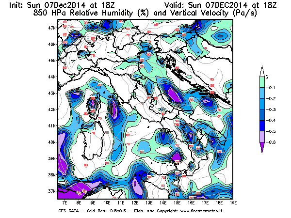 Mappa di analisi GFS - Umidità relativa [%] e Omega [Pa/s] a 850 hPa in Italia
							del 07/12/2014 18 <!--googleoff: index-->UTC<!--googleon: index-->