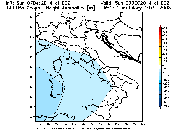 Mappa di analisi GFS - Anomalia di Geopotenziale a 500 hPa in Italia
							del 07/12/2014 00 <!--googleoff: index-->UTC<!--googleon: index-->