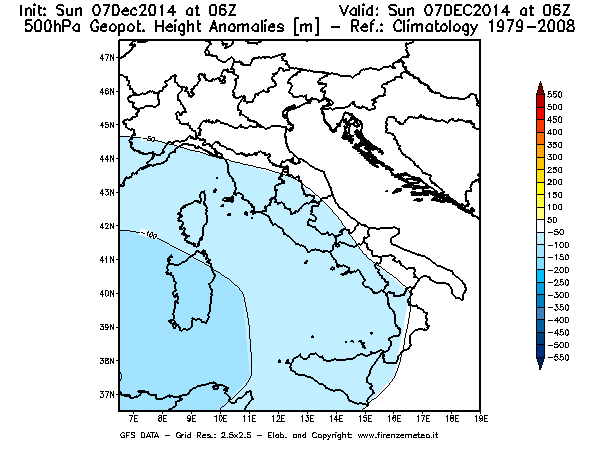 Mappa di analisi GFS - Anomalia di Geopotenziale a 500 hPa in Italia
									del 07/12/2014 06 <!--googleoff: index-->UTC<!--googleon: index-->