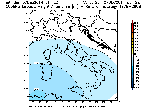 Mappa di analisi GFS - Anomalia di Geopotenziale a 500 hPa in Italia
									del 07/12/2014 12 <!--googleoff: index-->UTC<!--googleon: index-->