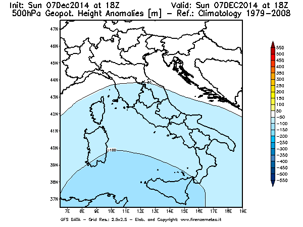 Mappa di analisi GFS - Anomalia di Geopotenziale a 500 hPa in Italia
							del 07/12/2014 18 <!--googleoff: index-->UTC<!--googleon: index-->