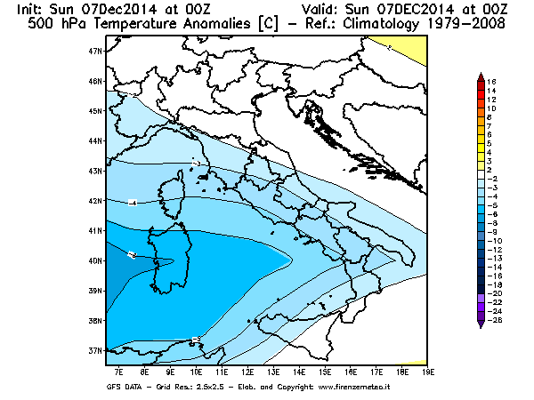 Mappa di analisi GFS - Anomalia Temperatura [°C] a 500 hPa in Italia
							del 07/12/2014 00 <!--googleoff: index-->UTC<!--googleon: index-->