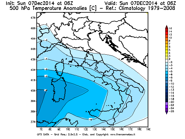 Mappa di analisi GFS - Anomalia Temperatura [°C] a 500 hPa in Italia
									del 07/12/2014 06 <!--googleoff: index-->UTC<!--googleon: index-->