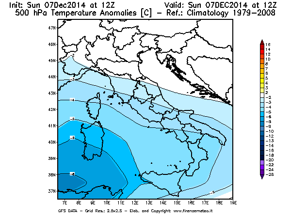 Mappa di analisi GFS - Anomalia Temperatura [°C] a 500 hPa in Italia
							del 07/12/2014 12 <!--googleoff: index-->UTC<!--googleon: index-->