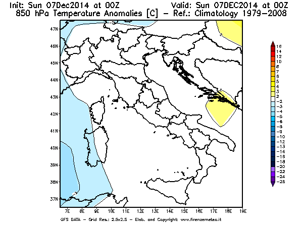 Mappa di analisi GFS - Anomalia Temperatura [°C] a 850 hPa in Italia
									del 07/12/2014 00 <!--googleoff: index-->UTC<!--googleon: index-->