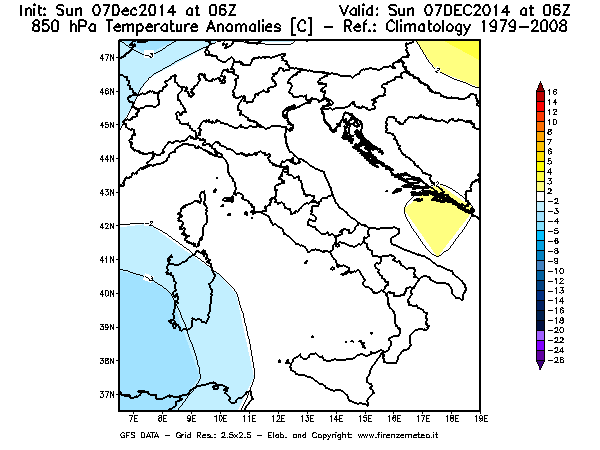 Mappa di analisi GFS - Anomalia Temperatura [°C] a 850 hPa in Italia
									del 07/12/2014 06 <!--googleoff: index-->UTC<!--googleon: index-->