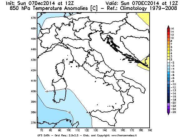 Mappa di analisi GFS - Anomalia Temperatura [°C] a 850 hPa in Italia
							del 07/12/2014 12 <!--googleoff: index-->UTC<!--googleon: index-->