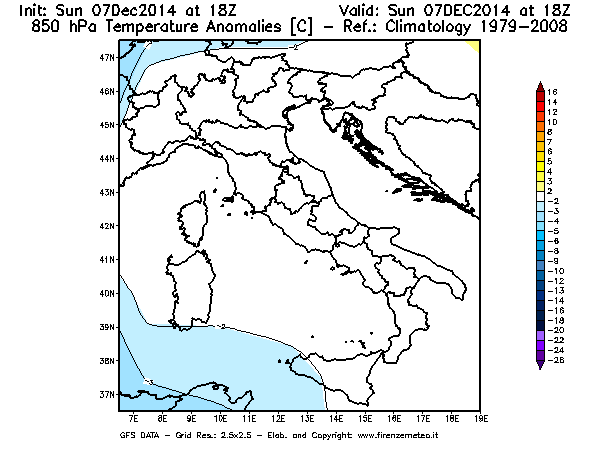Mappa di analisi GFS - Anomalia Temperatura [°C] a 850 hPa in Italia
							del 07/12/2014 18 <!--googleoff: index-->UTC<!--googleon: index-->