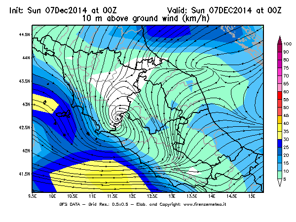 Mappa di analisi GFS - Velocità del vento a 10 metri dal suolo [km/h] in Centro-Italia
									del 07/12/2014 00 <!--googleoff: index-->UTC<!--googleon: index-->