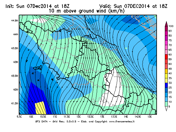 Mappa di analisi GFS - Velocità del vento a 10 metri dal suolo [km/h] in Centro-Italia
							del 07/12/2014 18 <!--googleoff: index-->UTC<!--googleon: index-->