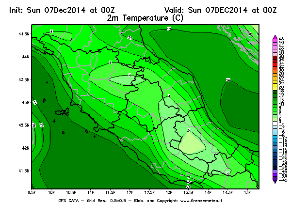 Mappa di analisi GFS - Temperatura a 2 metri dal suolo [°C] in Centro-Italia
							del 07/12/2014 00 <!--googleoff: index-->UTC<!--googleon: index-->