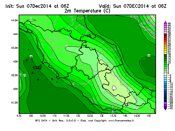 Mappa di analisi GFS - Temperatura a 2 metri dal suolo [°C] in Centro-Italia
									del 07/12/2014 06 <!--googleoff: index-->UTC<!--googleon: index-->