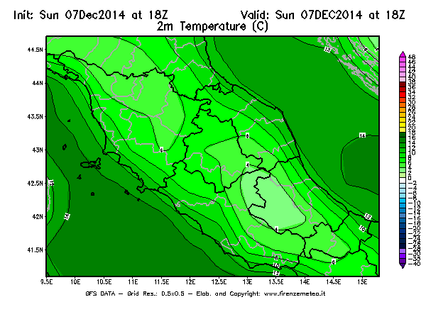 Mappa di analisi GFS - Temperatura a 2 metri dal suolo [°C] in Centro-Italia
							del 07/12/2014 18 <!--googleoff: index-->UTC<!--googleon: index-->