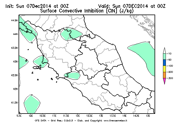 Mappa di analisi GFS - CIN [J/kg] in Centro-Italia
									del 07/12/2014 00 <!--googleoff: index-->UTC<!--googleon: index-->
