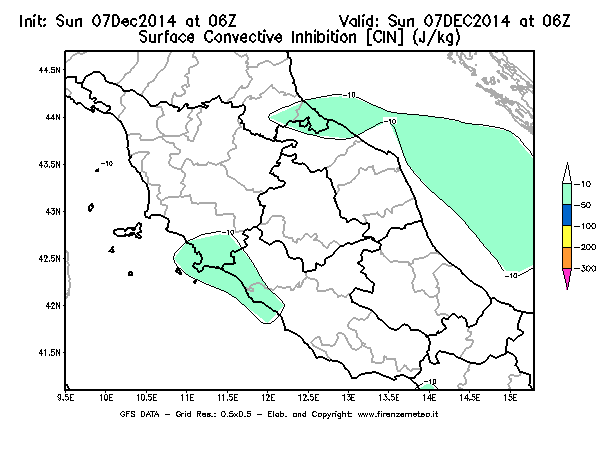 Mappa di analisi GFS - CIN [J/kg] in Centro-Italia
							del 07/12/2014 06 <!--googleoff: index-->UTC<!--googleon: index-->