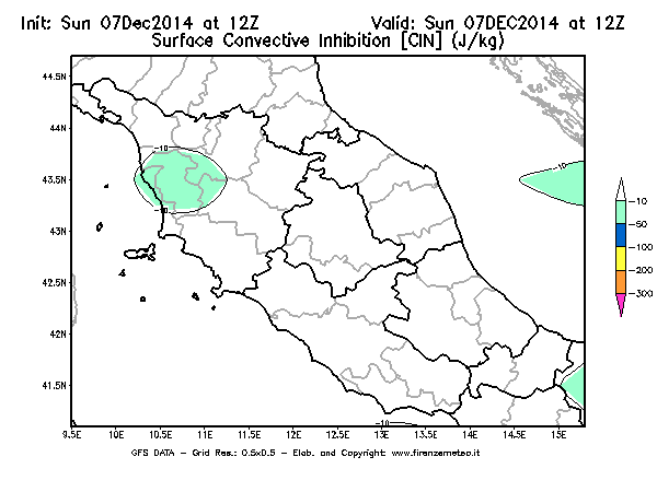 Mappa di analisi GFS - CIN [J/kg] in Centro-Italia
									del 07/12/2014 12 <!--googleoff: index-->UTC<!--googleon: index-->