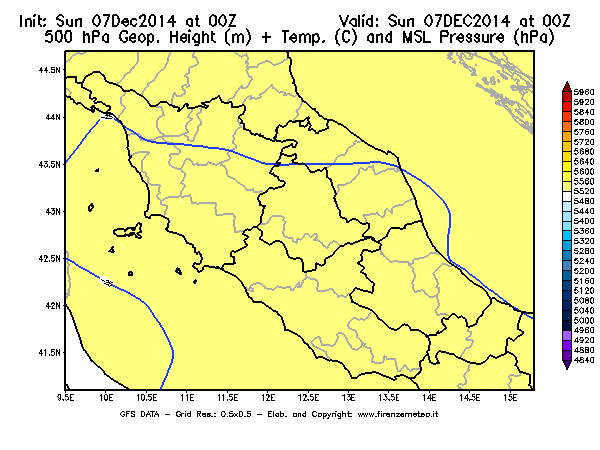Mappa di analisi GFS - Geopotenziale [m] + Temp. [°C] a 500 hPa + Press. a livello del mare [hPa] in Centro-Italia
									del 07/12/2014 00 <!--googleoff: index-->UTC<!--googleon: index-->