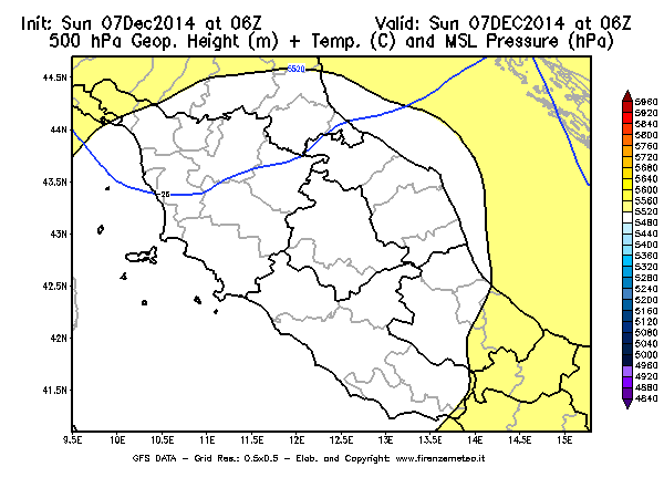 Mappa di analisi GFS - Geopotenziale [m] + Temp. [°C] a 500 hPa + Press. a livello del mare [hPa] in Centro-Italia
							del 07/12/2014 06 <!--googleoff: index-->UTC<!--googleon: index-->